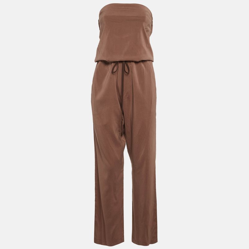 Brunello Cucinelli Brown Silk Blend Strapless Jumpsuit M
